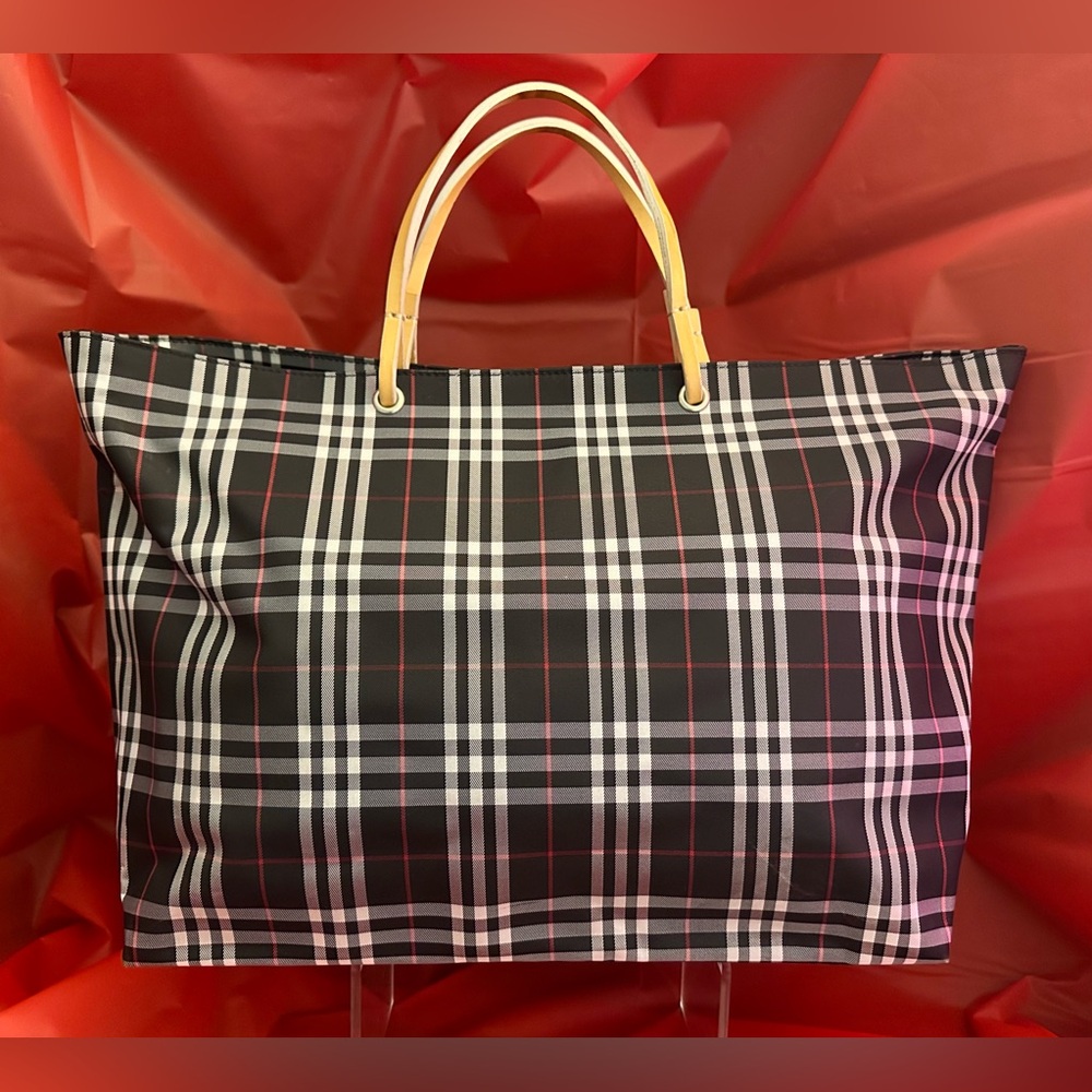Burberry Checkered Tote with Black and Red Accents